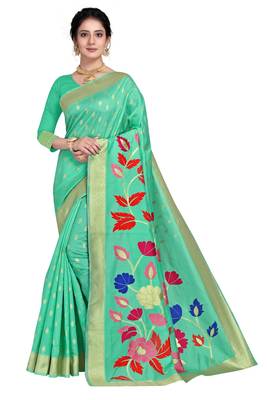 Green woven silk blend saree with blouse 2