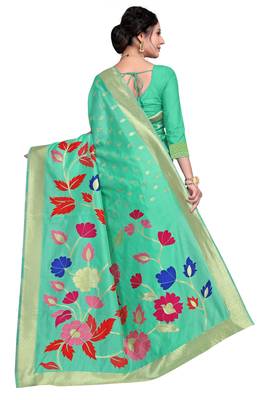Green woven silk blend saree with blouse 3