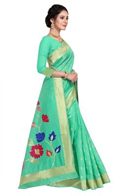 Green woven silk blend saree with blouse 4