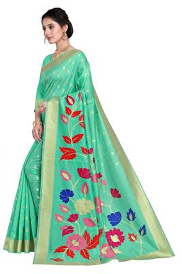 Green woven silk blend saree with blouse 5