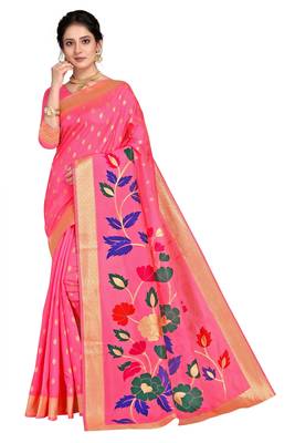 Pink woven silk blend saree with blouse 2
