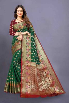 Green woven silk blend saree with blouse 1
