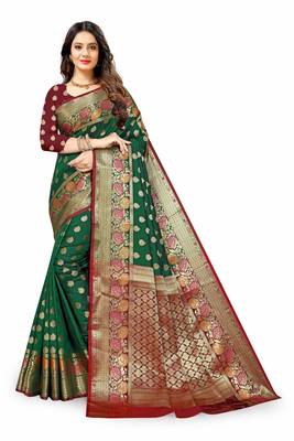 Green woven silk blend saree with blouse 2