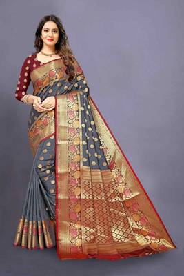 Grey woven silk blend saree with blouse 1