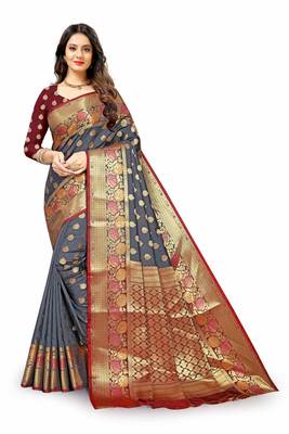 Grey woven silk blend saree with blouse 2