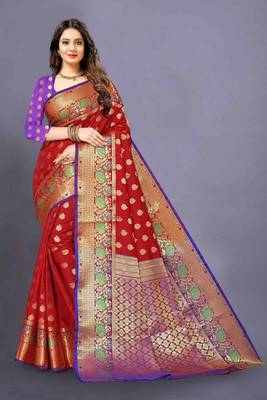 Maroon woven silk blend saree with blouse 1