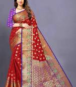 Maroon woven silk blend saree with blouse