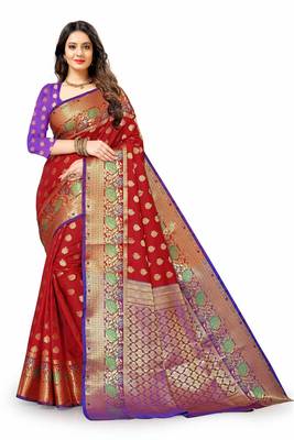 Maroon woven silk blend saree with blouse 2