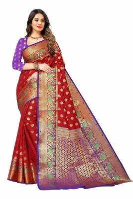 Maroon woven silk blend saree with blouse 3