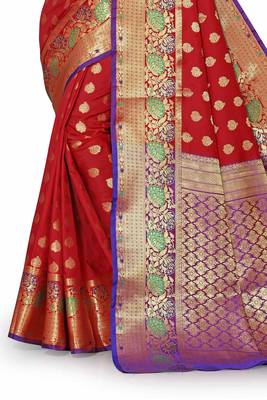 Maroon woven silk blend saree with blouse 4