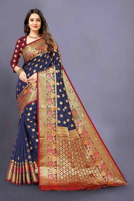 Blue woven silk blend saree with blouse 1