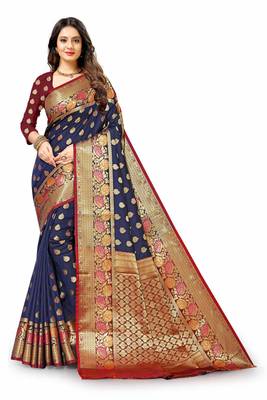 Blue woven silk blend saree with blouse 2