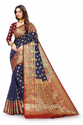Blue woven silk blend saree with blouse 3