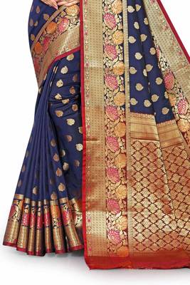 Blue woven silk blend saree with blouse 4