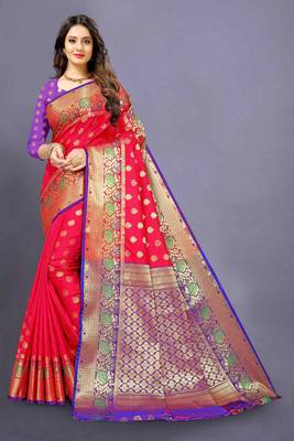 Pink woven silk blend saree with blouse 1