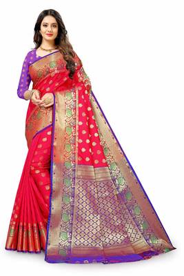 Pink woven silk blend saree with blouse 2