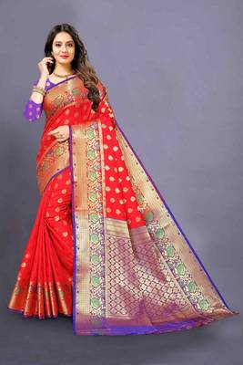 Red woven silk blend saree with blouse 1