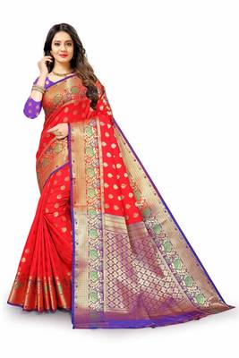 Red woven silk blend saree with blouse 2