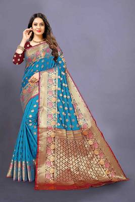 Blue woven silk blend saree with blouse 1