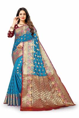 Blue woven silk blend saree with blouse 2