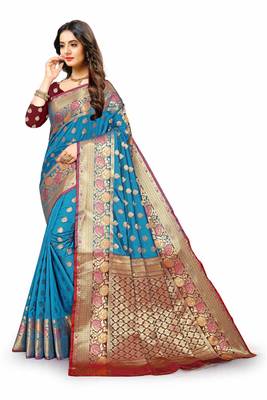 Blue woven silk blend saree with blouse 3