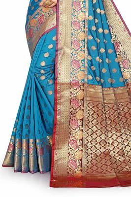Blue woven silk blend saree with blouse 4