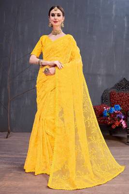 Yellow embroidered silk saree with blouse 1