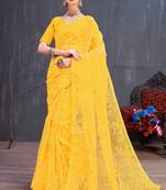 Yellow embroidered silk saree with blouse