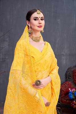 Yellow embroidered silk saree with blouse 3