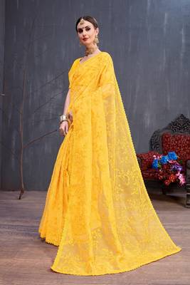 Yellow embroidered silk saree with blouse 4