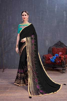 Black embroidered georgette saree with blouse 1