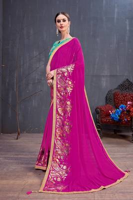 Dark pink embroidered georgette saree with blouse 2