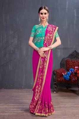 Dark pink embroidered georgette saree with blouse 4
