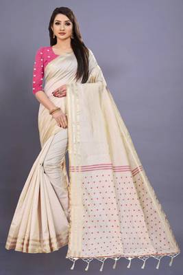 Cream Cotton woven saree with blouse 1