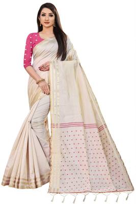 Cream Cotton woven saree with blouse 2