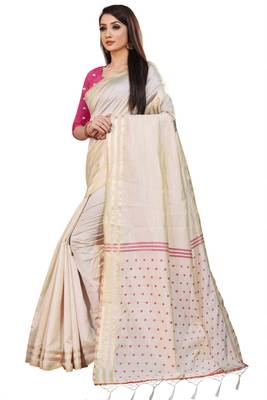 Cream Cotton woven saree with blouse 4