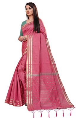 Pink Cotton woven saree with blouse 4