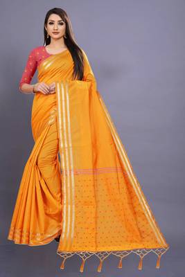 Yellow Cotton woven saree with blouse 1