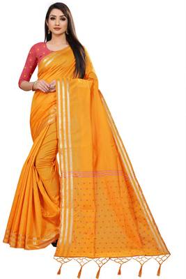 Yellow Cotton woven saree with blouse 2