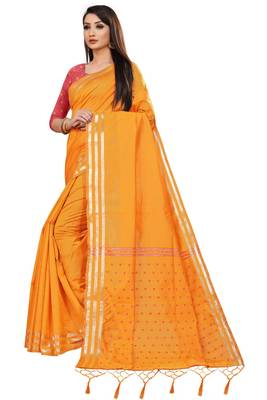 Yellow Cotton woven saree with blouse 4