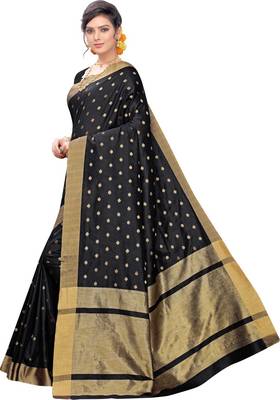Black woven silk blend saree with blouse 4