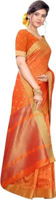 Orange woven silk blend saree with blouse 3
