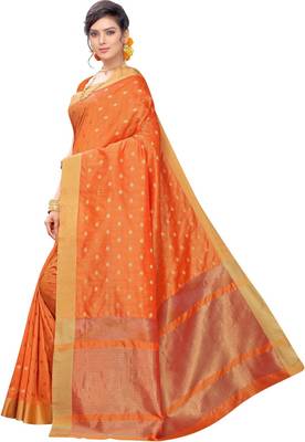 Orange woven silk blend saree with blouse 4