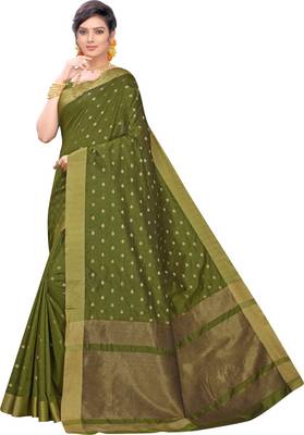 olive woven silk blend saree with blouse 1