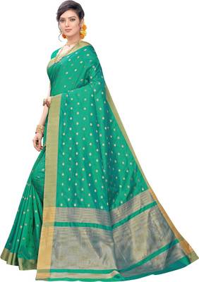 Green woven silk blend saree with blouse 4