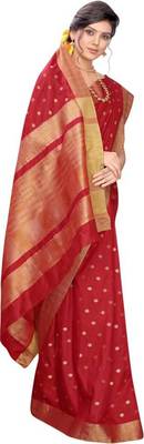 Red woven silk blend saree with blouse 3