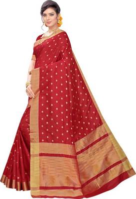 Red woven silk blend saree with blouse 4