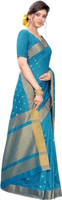 Blue woven silk blend saree with blouse 3