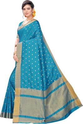 Blue woven silk blend saree with blouse 4