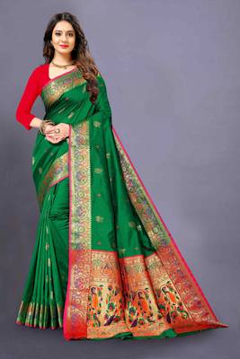 Green woven silk blend saree with blouse 1